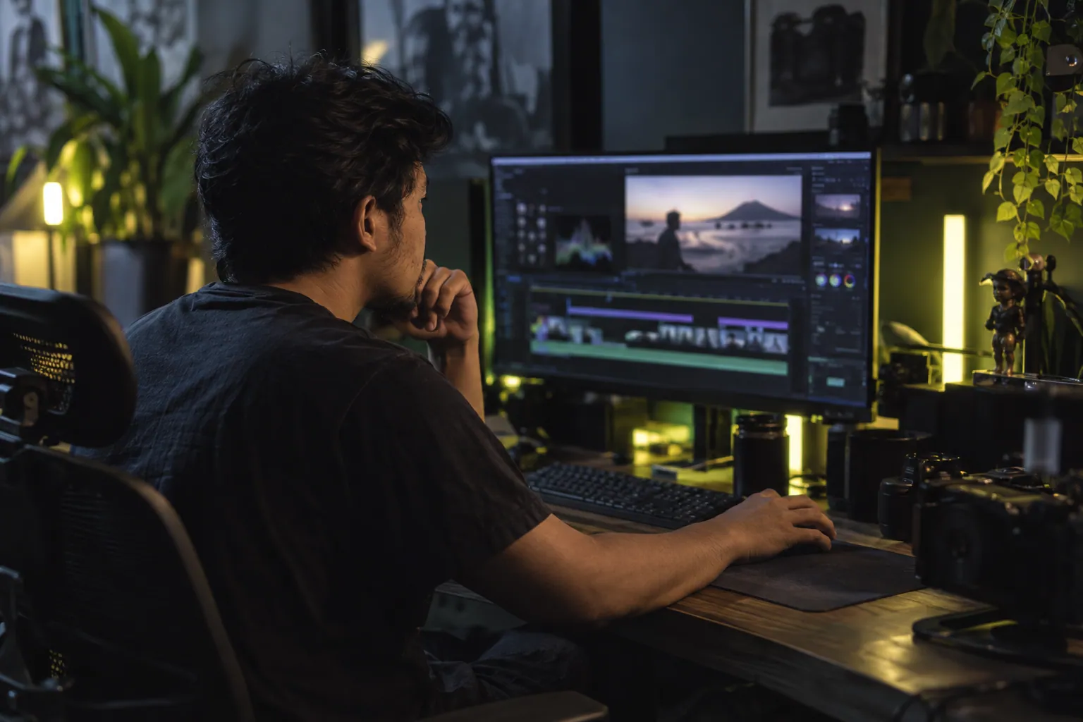 Seorang kreator menyunting video di studio kerja dengan cahaya hijau
