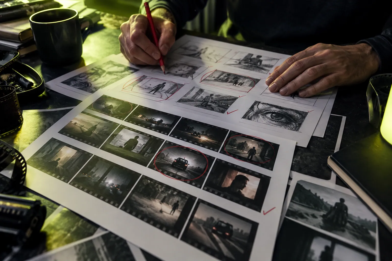 Tangan meninjau storyboard dan susunan gambar di meja editor